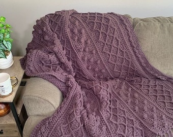 Thick Afghan Crocheted Blanket Purple Diamonds, Popcorn, and Cables