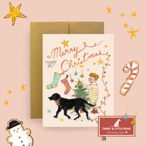 Tarjeta navideña Deck The Halls / Ilustraciones de niños, perros, estrellas y aviones de papel, saludos festivos, alegría navideña