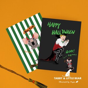 Straszna, zabawna karta na Halloween | Motyw Mischief Mouse & Vampire Boy, zabawne świąteczne pozdrowienia