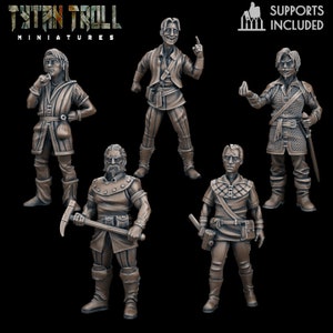 May include: Five 3D printed miniature figures of people in various poses, all wearing medieval clothing. The figures are painted in a bronze color and are standing on a black background. The figures are all about 3 inches tall.