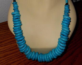 CHUNKY HANDCRAFTED  Turquoise Blue Ceramic Necklace - FUNKY Loops Strung on Leather, Statement jewelry, Vintage 1970's