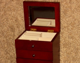 Vintage Lift Top WOODEN JEWELRY BOX - 4 Drawer, Cherry Wood Finish, Excellent Condition