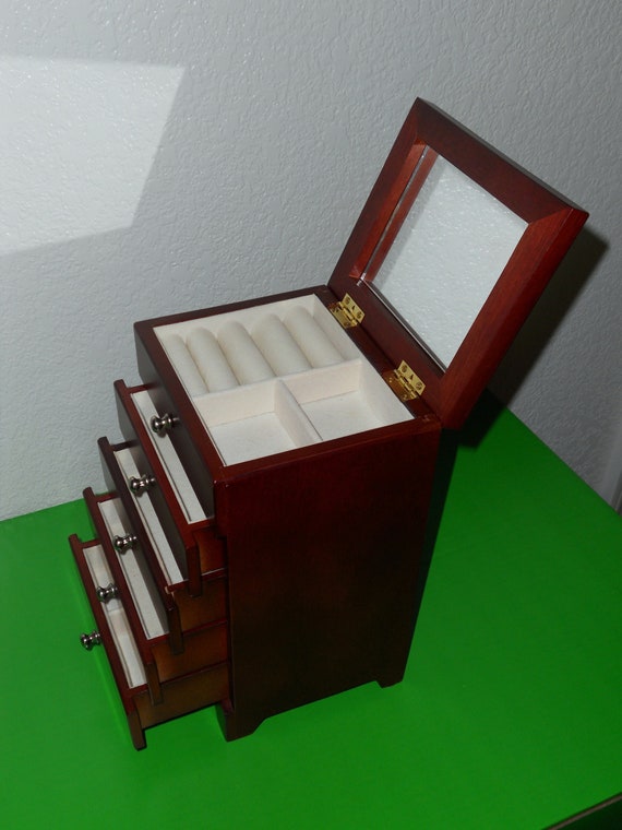 Vintage Lift Top WOODEN JEWELRY BOX 4 Drawer, Cherr… Gem