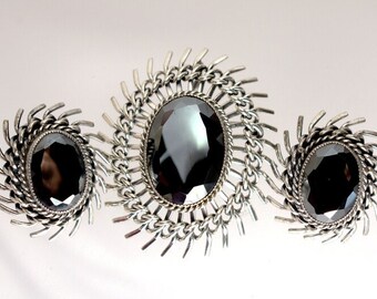 1940's DANECRAFT HEMATITE STERLING Silver Brooch and Clip-On Earrings, Hand-Crafted Art Work, Mint Condition