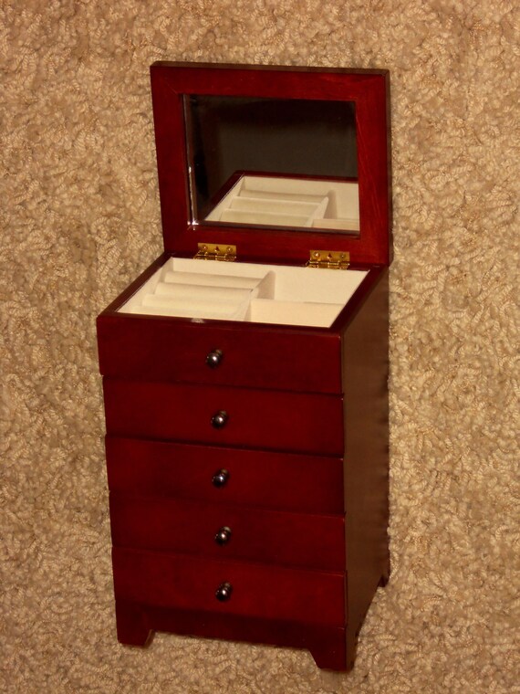 Vintage Lift Top WOODEN JEWELRY BOX 4 Drawer, Cherr… Gem
