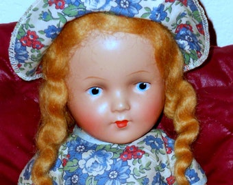 1930's COMPOSITION DOLL - 16 1/2" Tall, Blonde, Blue-Eyed, Wavy Pigtails