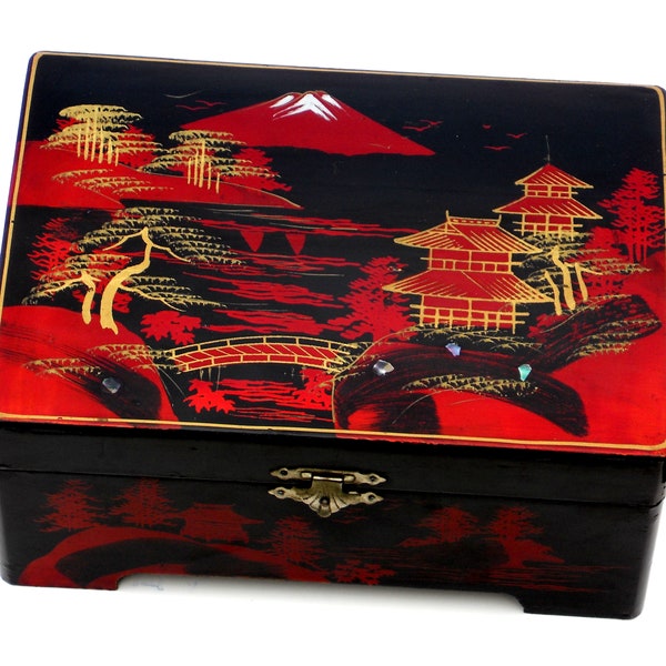 1950's JAPANESE JEWELRY BOX - Hand Painted High Gloss Lacquered Finish, Great Condition, Original Owner