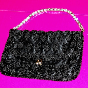 1960&#39;s Glitzy BLACK BEADED EVENING Purse With Sparkling Rhinestone Handle - Hand made in Hong Kong, Great Condition