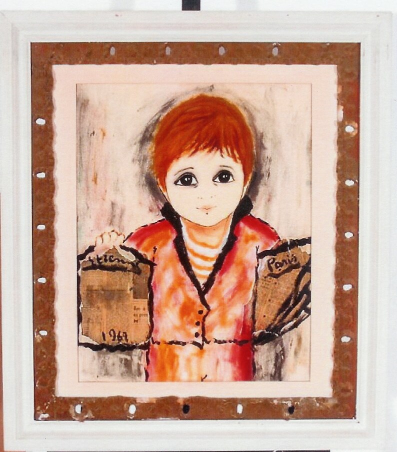 BIG EYES FRENCH Painting 1969 Newspaper Boy, by Etienne Ret, Signed, Paris, 1969 image 5