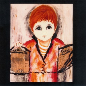 BIG EYES FRENCH Painting 1969 Newspaper Boy, by Etienne Ret, Signed, Paris, 1969 image 1