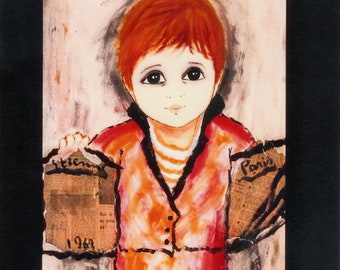 BIG EYES FRENCH Painting- 1969 "Newspaper Boy", by Etienne Ret, Signed, Paris, 1969