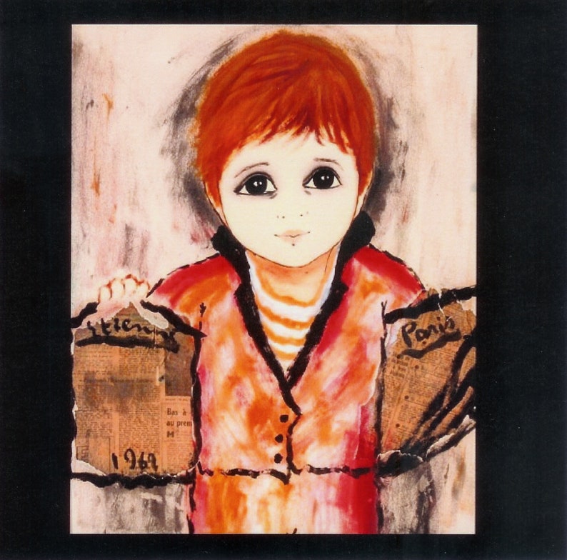 BIG EYES FRENCH Painting 1969 Newspaper Boy, by Etienne Ret, Signed, Paris, 1969 image 1
