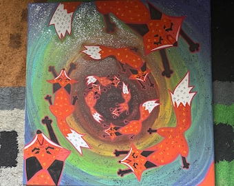 Rainbow Red Foxes Hand-Painted Canvas!