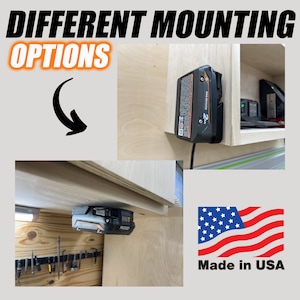 May include: Two different ways to mount a black and orange power tool battery to a wooden surface. The text "DIFFERENT MOUNTING OPTIONS" is at the top of the image. The text "Made in USA" is at the bottom of the image.