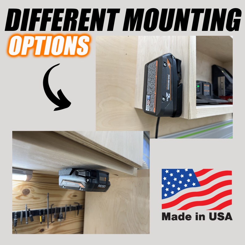 May include: Two different ways to mount a black and orange power tool battery to a wooden surface. The text "DIFFERENT MOUNTING OPTIONS" is at the top of the image. The text "Made in USA" is at the bottom of the image.