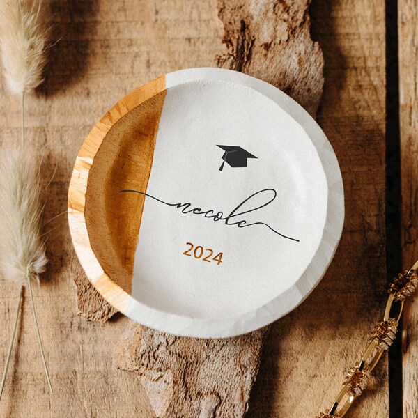 Piatto per anelli di laurea, regalo di laurea, regalo di laurea universitaria, piatto per anelli fatto a mano, piatto per gioielli con data e iniziali personalizzate, espositore per gioielli