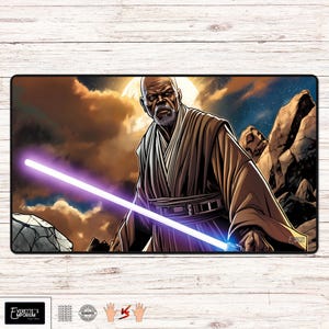 Peut inclure: Une illustration numérique d'un chevalier Jedi avec un sabre laser violet. Le chevalier Jedi porte une robe brune et a une barbe blanche. L'arrière-plan est un ciel sombre avec des étoiles et une lune brillante.