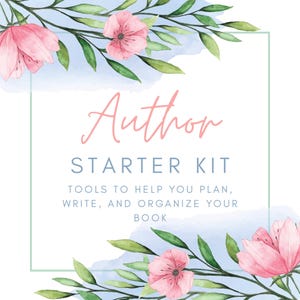 May include: A square graphic with the words "Author Starter Kit" in a soft, elegant font. The design includes watercolor flowers and leaves in pink and green, with a light blue background.