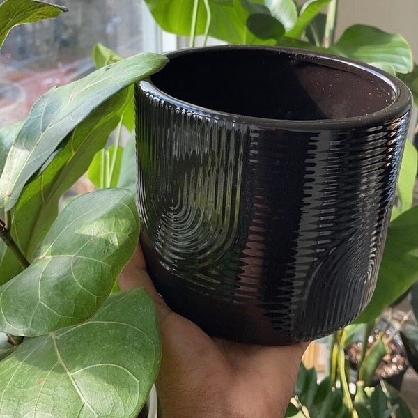 Ceramic Planter Jardiniere Black Plant Pot Spiral Home Decor Design for Indoor Plant Gift