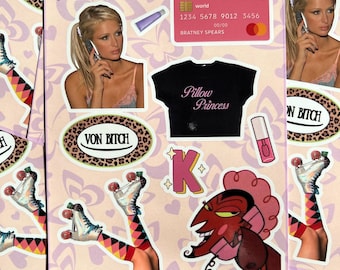 Sassy Y2K Sticker Sheet Journal Laptop Water Bottle Pink Sticker Aesthetic Paris Hilton Lipgloss Rollerskate Pillow Princess