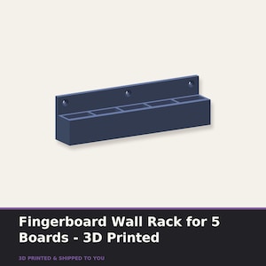 May include: A dark blue 3D printed wall rack designed to hold five fingerboards. The rectangular unit features five individual slots for board storage and includes three circular mounting holes along the back panel for secure wall attachment.