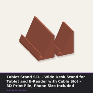 May include: Two terracotta-colored wedge-shaped stands for tablets and phones, featuring a slanted backrest and a front ledge to hold devices. The text below reads: Tablet Stand STL - Wide Desk Stand for Tablet and E-Reader with Cable Slot - 3D Print File, Phone Size Included.