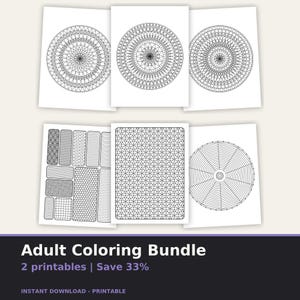 Może przedstawiać: Kolekcja sześciu stron do druku z czarno-białymi wzorami geometrycznymi i okrągłymi mandalami. Na dole znajduje się tekst Adult Coloring Bundle 2 printables | Save 33% oraz INSTANT DOWNLOAD - PRINTABLE.