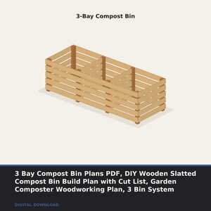 Puede incluir: Un contenedor de compost de 3 compartimentos con un diseño de listones de madera de color marrón claro. El texto 3-Bay Compost Bin aparece en la parte superior, y el texto inferior dice 3 Bay Compost Bin Plans PDF, DIY Wooden Slatted Compost Bin Build Plan with Cut List, Garden Composter Woodworking Plan, 3 Bin System, DIGITAL DOWNLOAD.