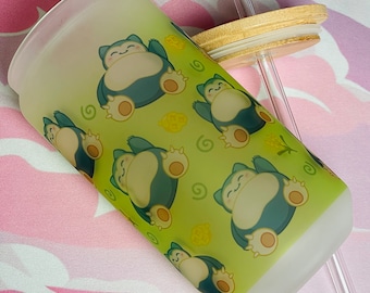 Vaso de vidrio con tapa y pajita / Anime lindo y soñoliento / Kawaii / Reutilizable