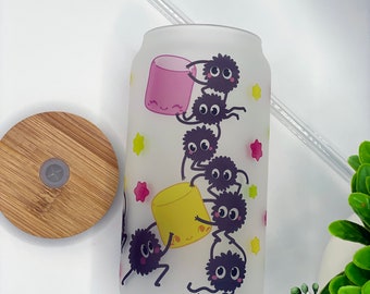 Vaso de vidrio de 532 ml / Anime / Manga / Kawaii / Lindo / Vaso de vidrio con tapa / Pajita reutilizable