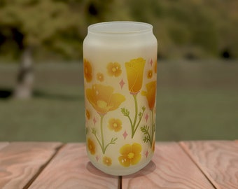 Vaso de café helado con amapola, amapolas de California, lata de vidrio con tapa de bambú y pajita, vaso de cerveza, vaso de vidrio esmerilado con forma de flor, flor de amapola dorada