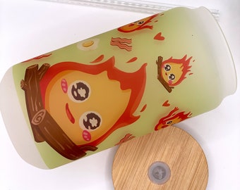 Vaso de vidrio de 18 oz / Anime / Manga / Kawaii / Lindo / Taza de vidrio con tapa / Pajita reutilizable