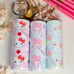 Cute Kitty and Friends Bottle, 20oz Stainless Steel Tumbler w/Lid & Straw, Kawaii, Skinny Tumbler, Kawaii Kitty and Friends, Cartoon, Gift