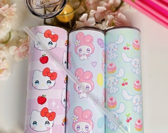 Botella linda de Kitty and Friends, vaso de acero inoxidable de 20 oz con tapa y paja, Kawaii, vaso flaco, Kawaii Kitty and Friends, dibujos animados, regalo