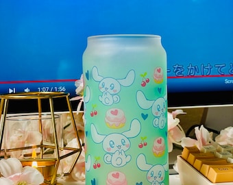 Taza Kawaii, Lindo vaso de conejito verde, Vaso de café helado, Taza de vidrio con tapa de bambú y paja de vidrio, lindo