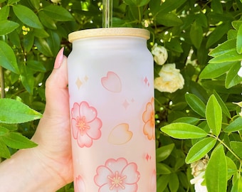 Taza de cristal de flor de cerezo, café helado, taza de cristal de café de flores, lata de vidrio con tapa de bambú y paja, Sakura linda, taza Kawaii, 18 oz, taza, bebida