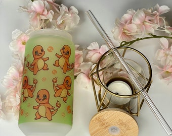 Vaso de Vidrio con Tapa y Pajita / Personaje de Fuego Anime / Kawaii / Reutilizable