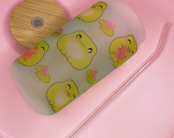 Taza de Vidrio 18oz/ Ranas / Kawaii / Taza de Vidrio con Tapa/ Taza Linda