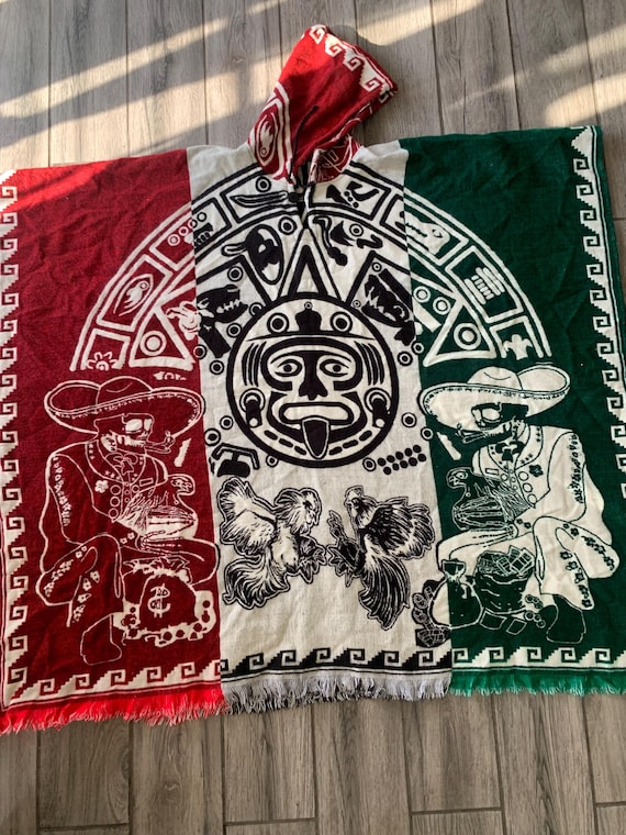 Mexico Aztec Calender Alpaca Wool Blend Poncho, Unisex Hooded With