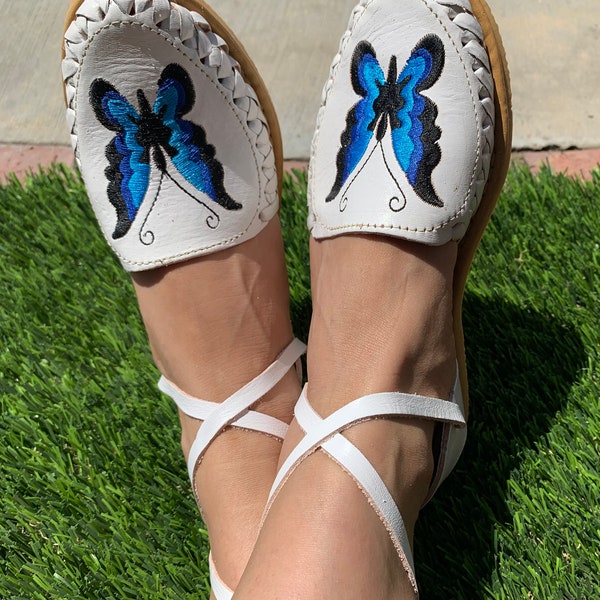Women Mexican Huaraches/leather huarache sandals/Butterfly embroidered Lace Up Huaraches/Huaraches artesanal/Butterfly Huaraches