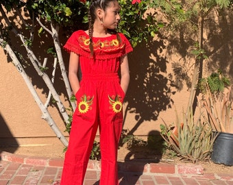 Girl mexican jump suit dress with sunflower