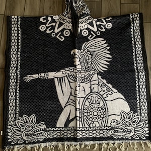 Mexican AZTEC CALENDAR. Double sided reversible Mexico PONCHO Gaban sarape.Mexican aztec calendar gaban with hoodie. Aztec warrior poncho