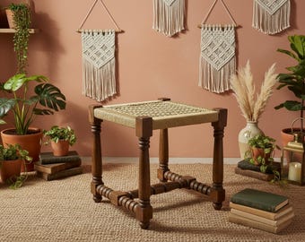 Handmade Woven Foot Jute Rope Stool: Reclaimed Wood Antique Footstool Vintage Wooden Stool