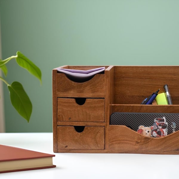 Organizador de escritorio de madera hecho a mano: almacenamiento de madera maciza para bolígrafos y artículos de papelería
