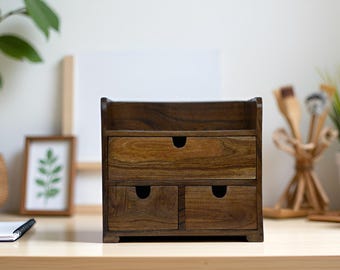 Walnut & Ash Wood Desk Organizer with 3 Drawers