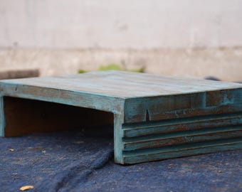 Antieke houten bajot met turquoise afwerking Chowki Indiase voetenbank oude lage tafel Diwali festivalcadeau woondecoratie