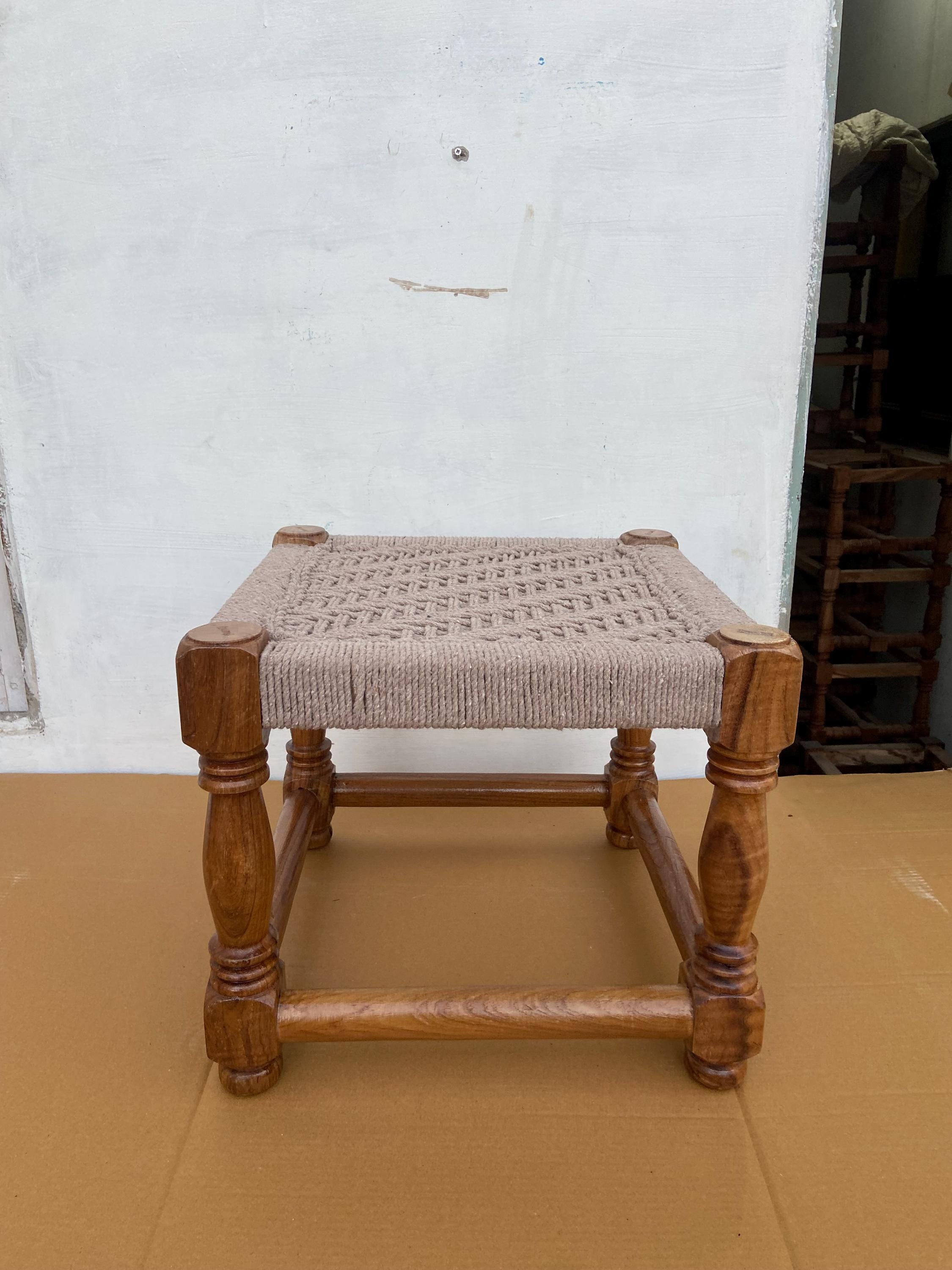 Rustic Revival Wooden Woven Handmade Antique Stool  Seating Low Stool - Vintage Charm for Your Home Decor