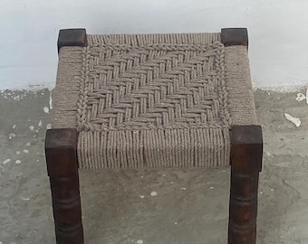 Handmade Woven Low Stool, Antique Wooden Accent Seating