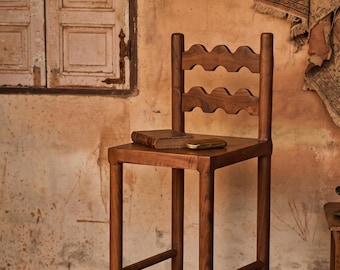 Hand-Carved Wooden Counter Stool – Rustic Boho Kitchen Island Chair with Footrest