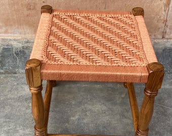 Handmade teak wood woven stool, 14-inch, vintage charm. Perfect for home décor, bathroom, or as a wooden side panel or desk organizer